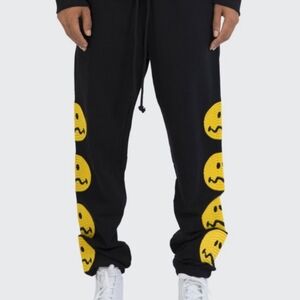 mnml Crooked Smile Sweatpants Joggers Black Yellow Drawstring Loungewear Sz S